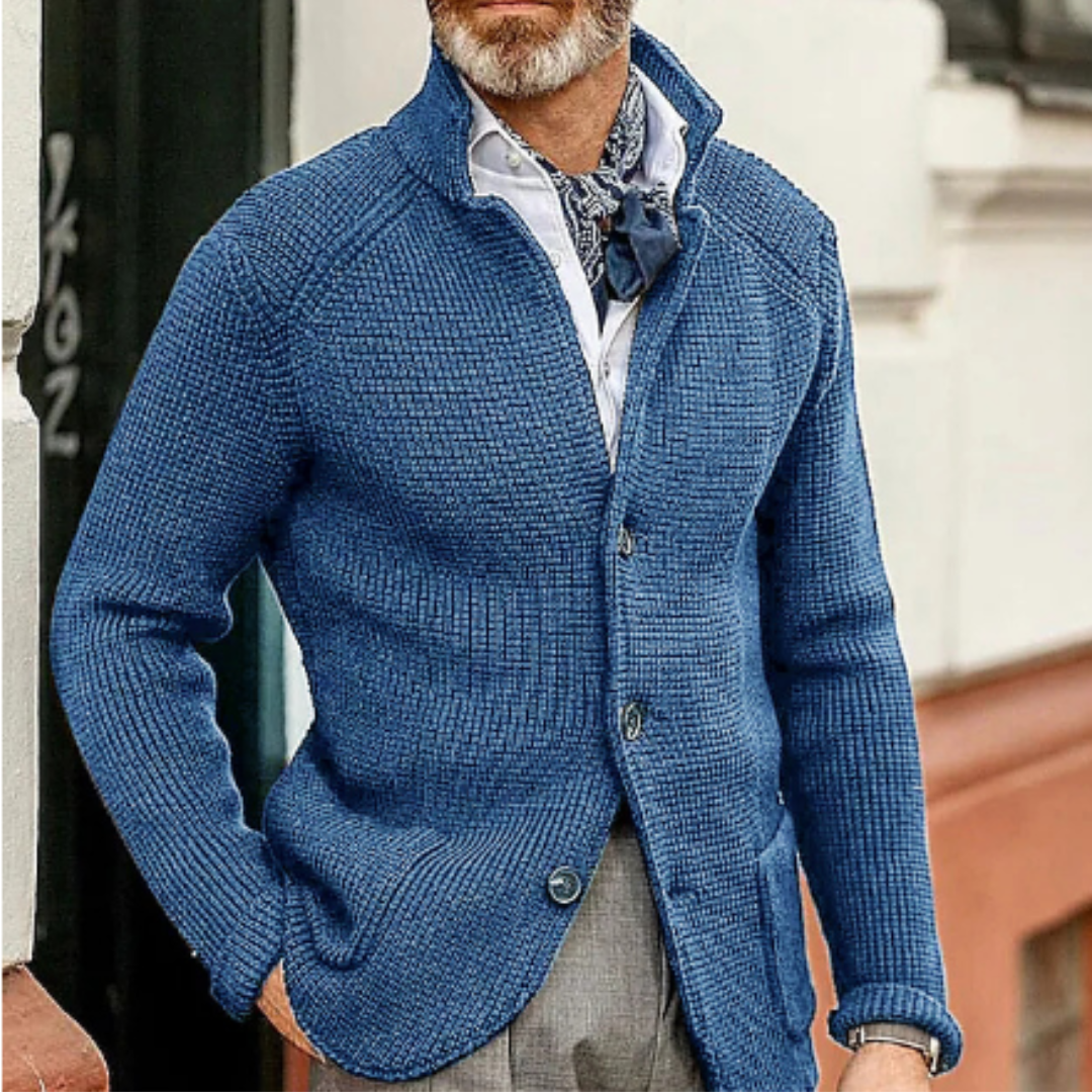 Men's knitted cardigan warm winter layer cozy durable contemporary silhouette cold weather style