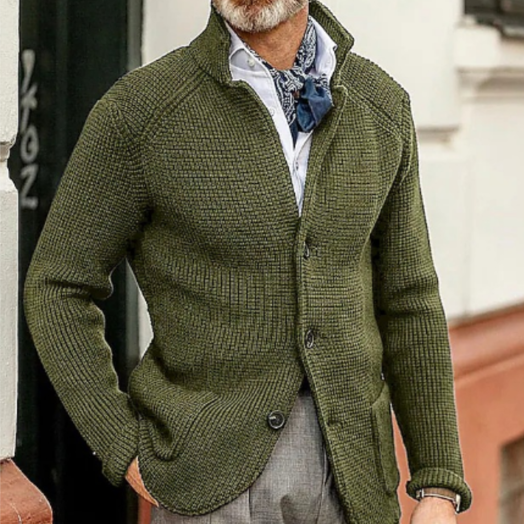 Men's knitted cardigan warm winter layer cozy durable cold weather contemporary silhouette