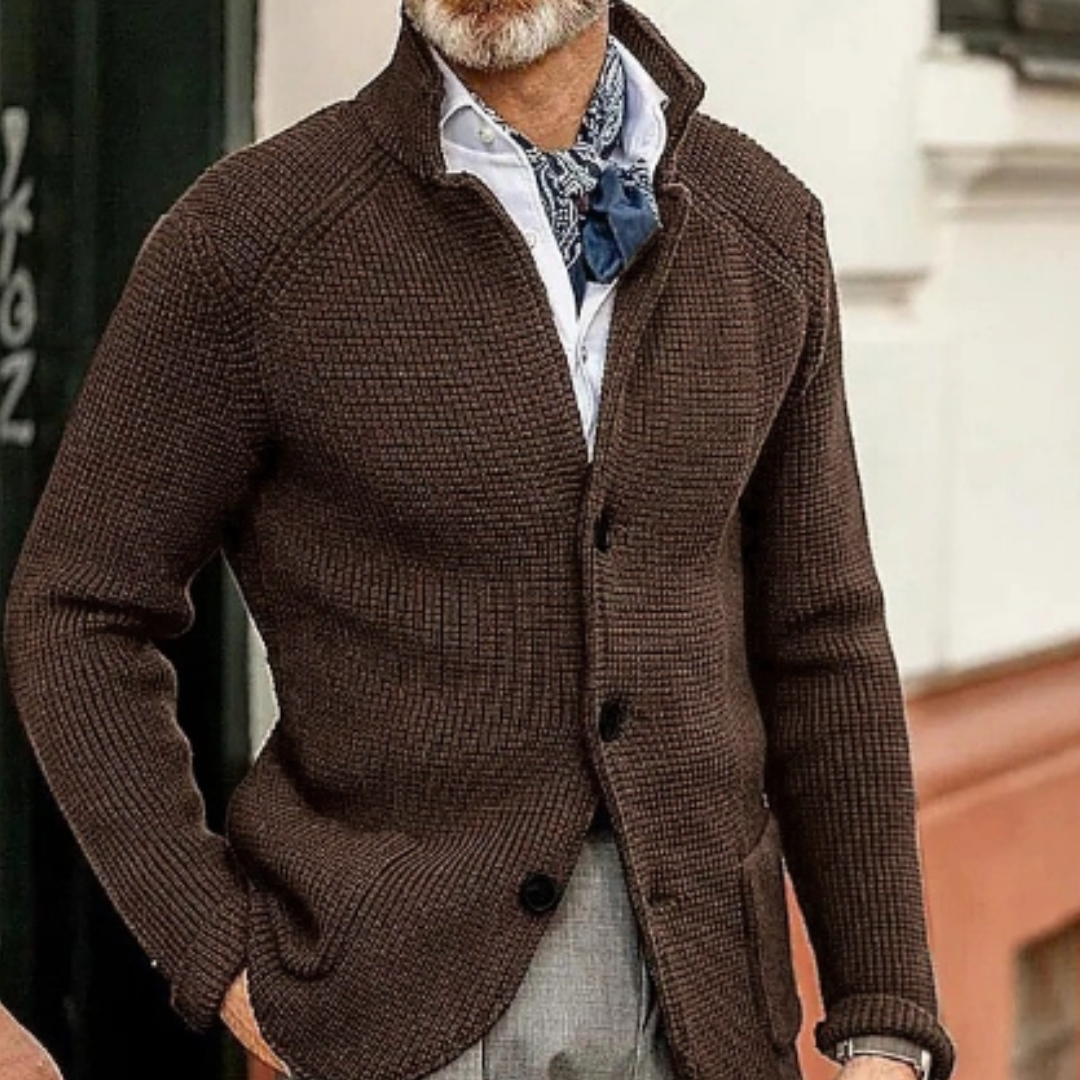 Men's knitted cardigan warm winter layer cozy durable cold weather contemporary silhouette