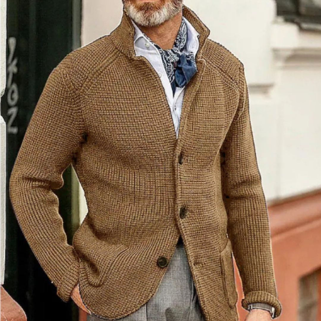 Men's knitted cardigan warm winter layer cozy durable contemporary silhouette cold weather style