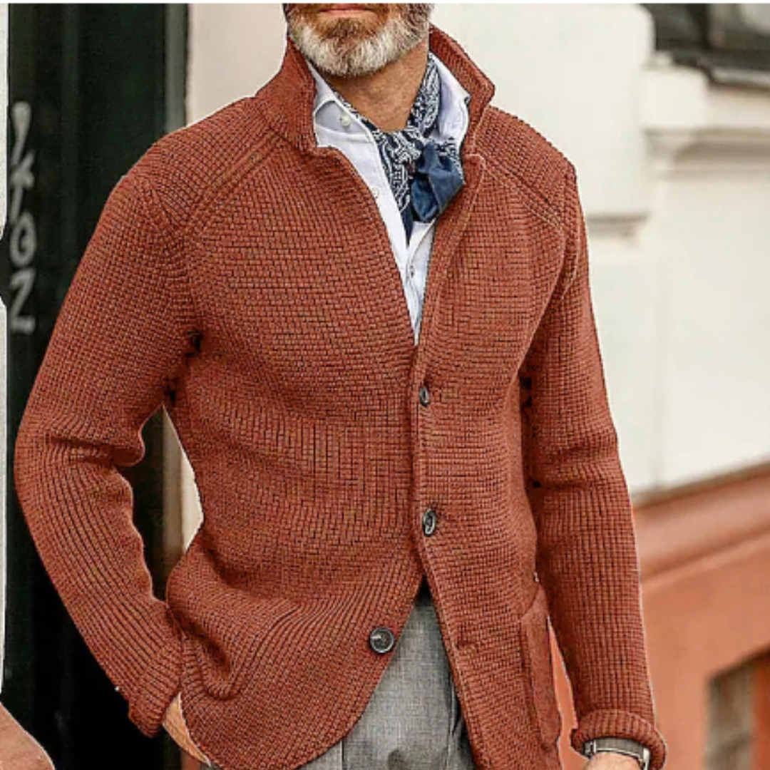 Men's knitted cardigan warm winter layer cozy durable contemporary silhouette cold weather style