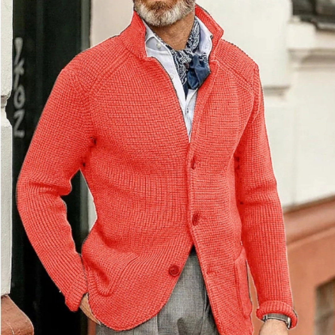 Men's knitted cardigan warm winter layer cozy durable contemporary silhouette cold weather style