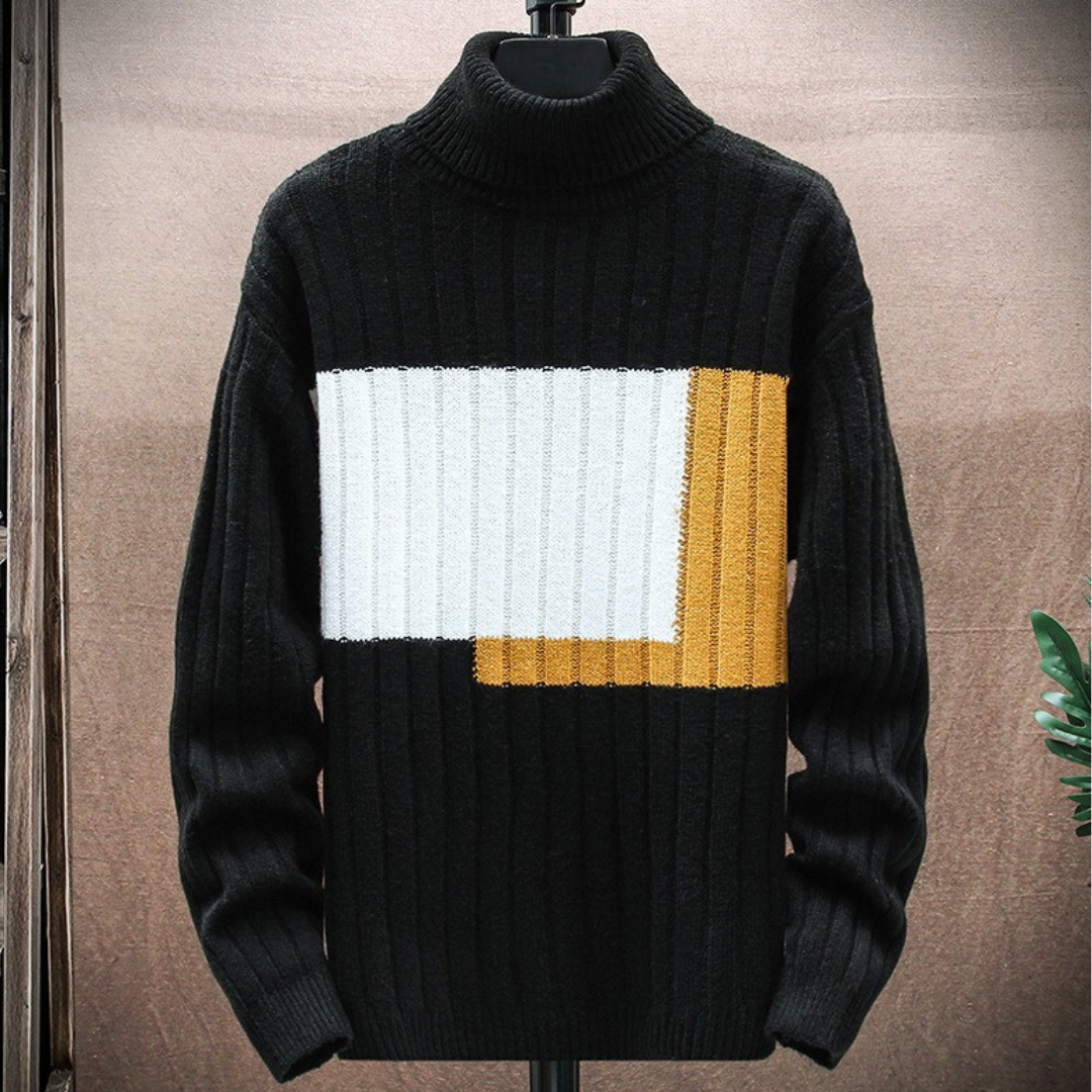 Men's color block ribbed turtleneck sweater relaxed fit long-sleeve pullover casual winter style