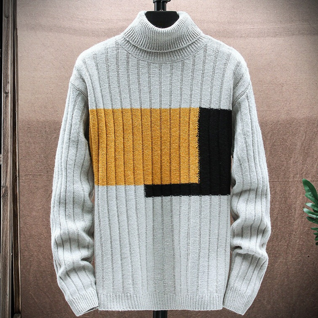 Men's color block ribbed turtleneck sweater relaxed fit long-sleeve pullover casual winter style