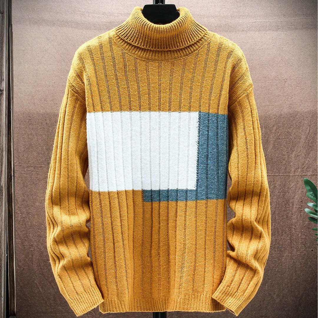 Men's color block ribbed turtleneck sweater relaxed fit long sleeve casual winter pullover