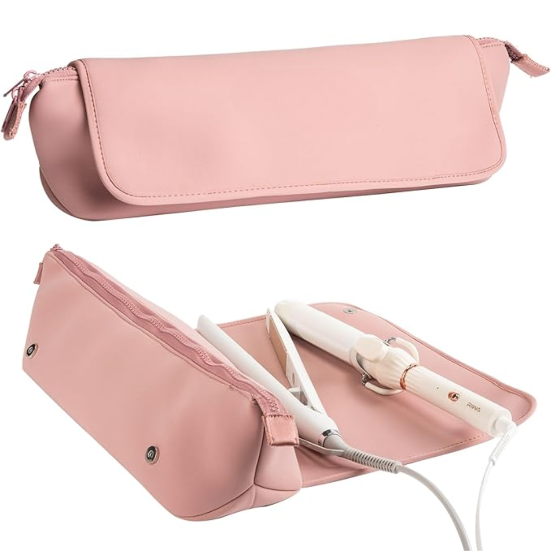 2-in-1 travel styling kit with heat-resistant mat, compact organizer bag for on-the-go professionals