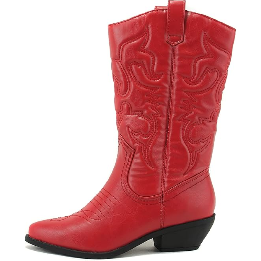 Women's brown leather western cowboy boots with intricate embroidery and sturdy block heel