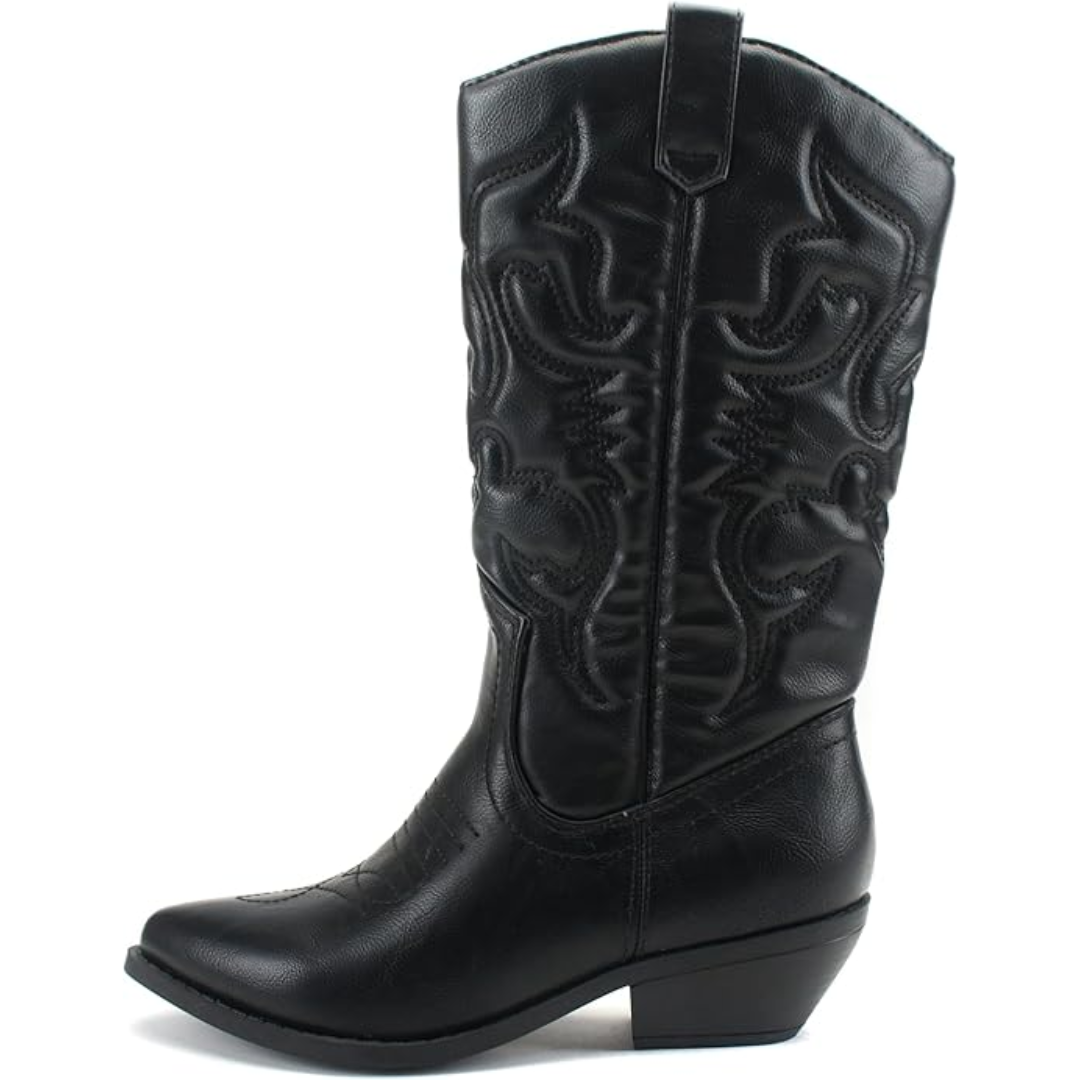 Women's brown Western cowboy boots with intricate embroidery and sturdy block heel for country style