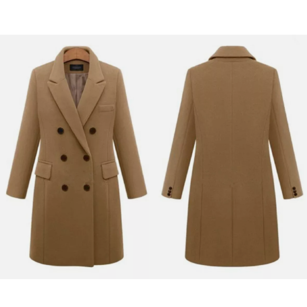 Women's double-breasted winter trench coat in classic neutral tone with notch collar for work