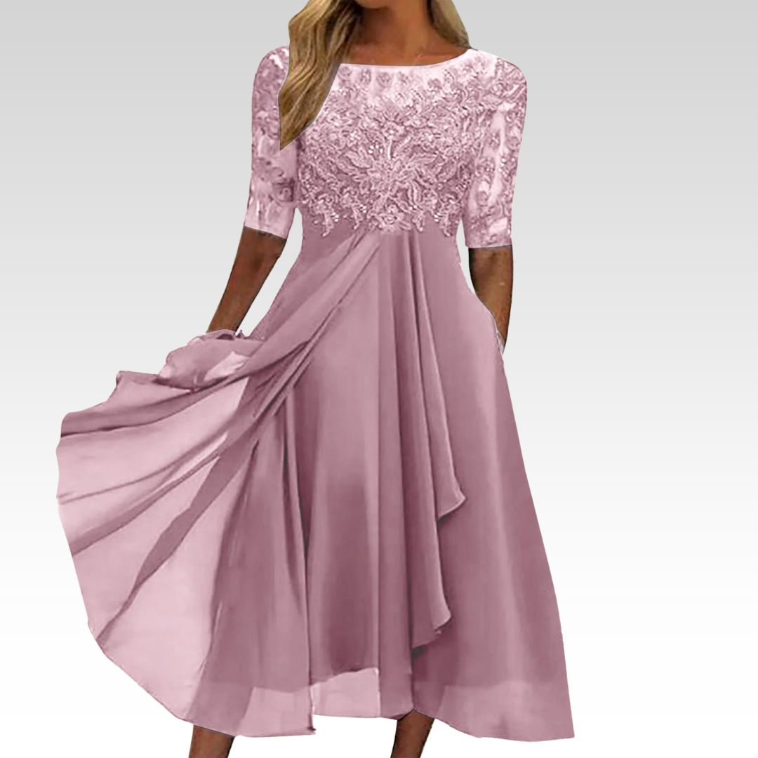 Women's embroidered chiffon midi dress with lace bodice and sheer sleeves for elegant silhouette