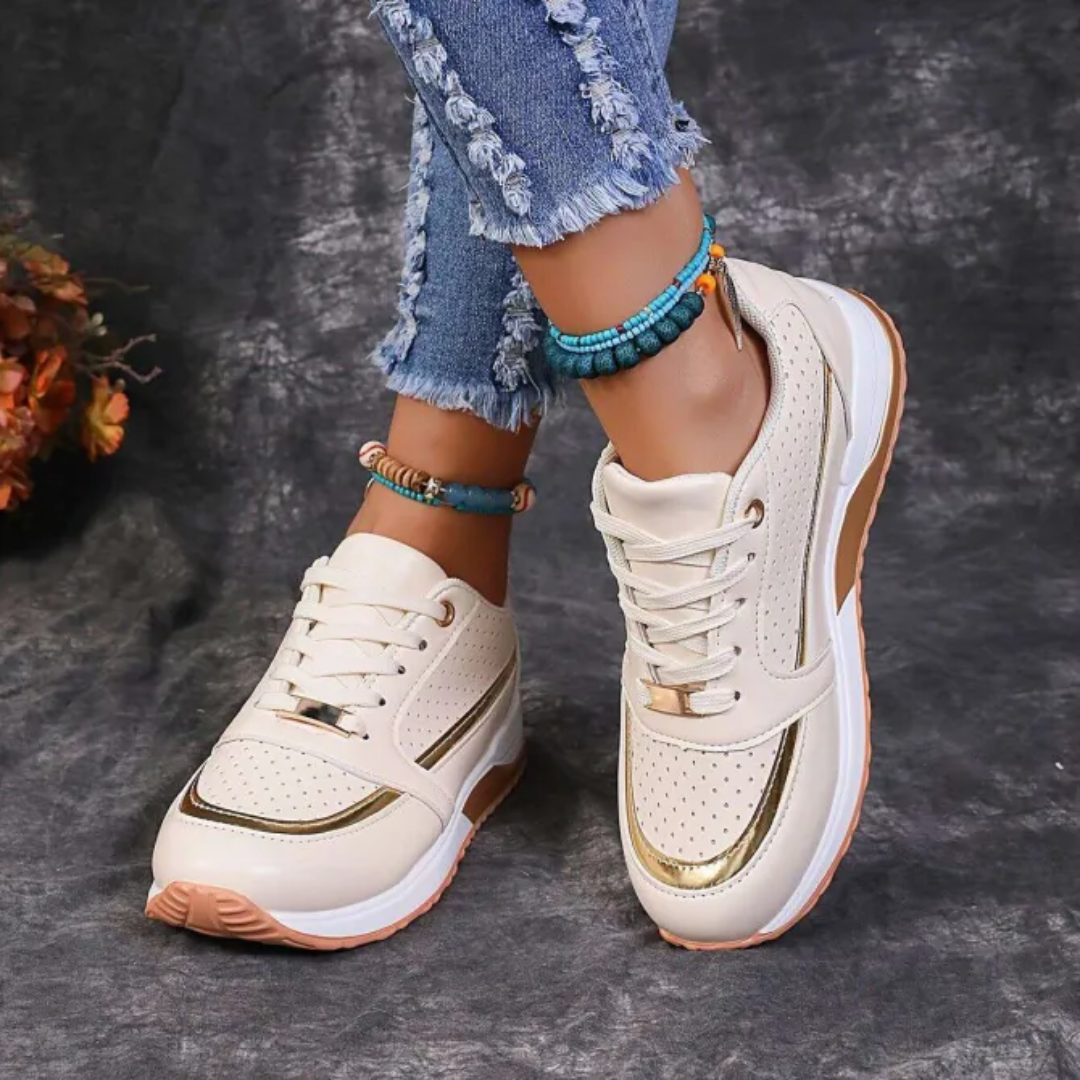 Women's faux leather lace-up platform sneakers round-toe low-top orthopedic support casual style