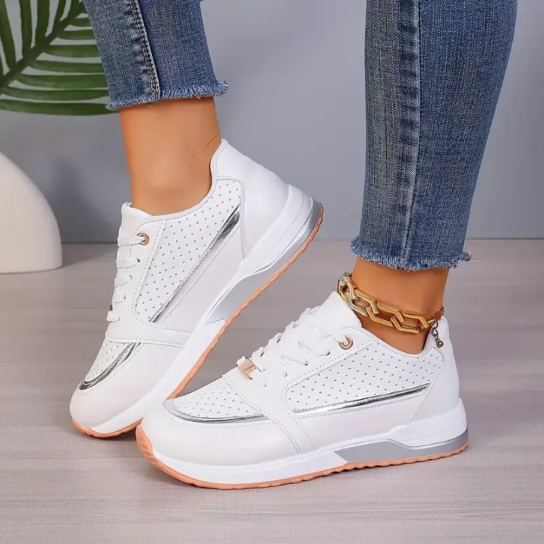 Women's white faux leather platform sneakers lace-up low-top with orthopedic support sole