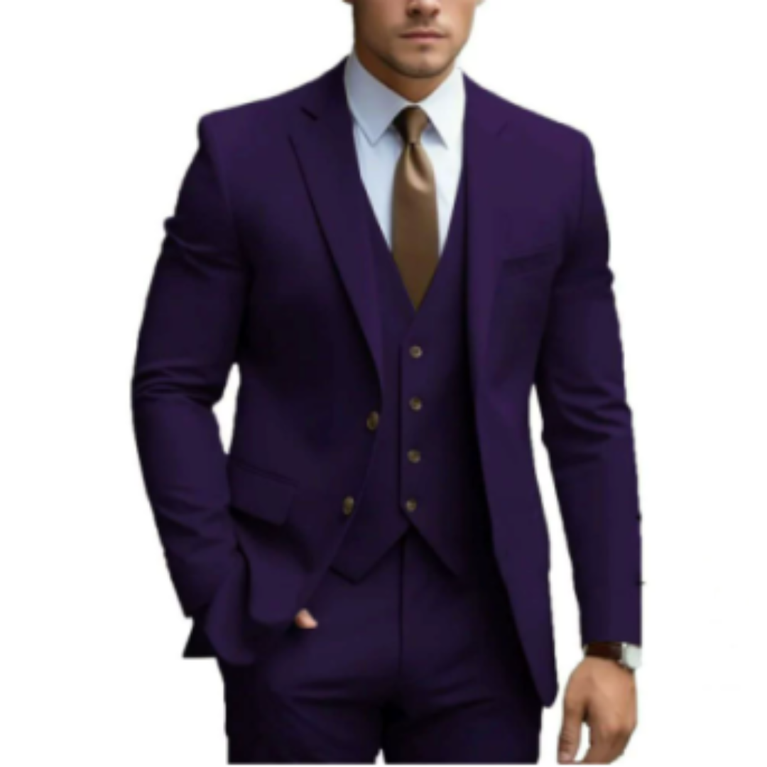 Men's slim fit three-piece suit shawl collar formal elegant dapper look jacket vest trousers