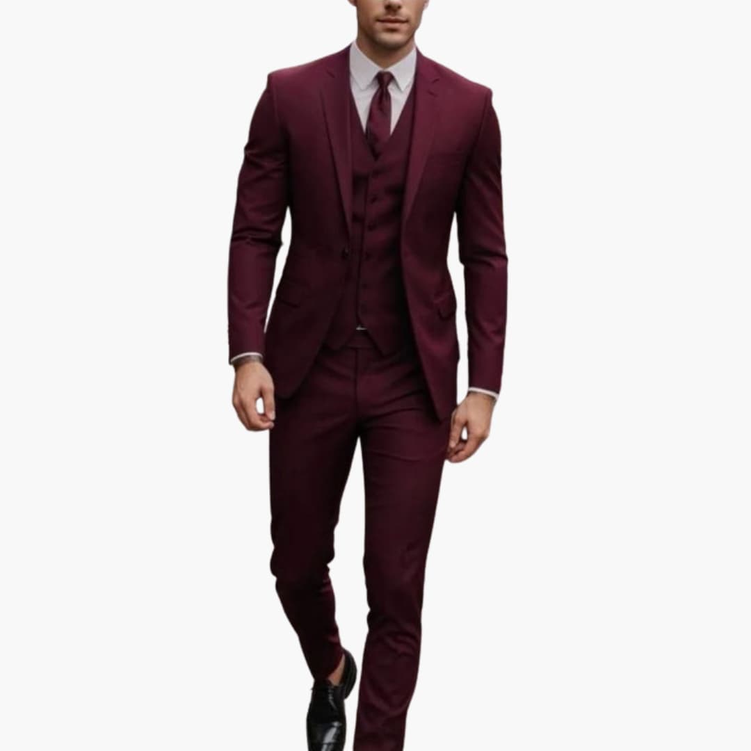 Men's charcoal three-piece formal suit set with two-button jacket, vest, and tailored pants