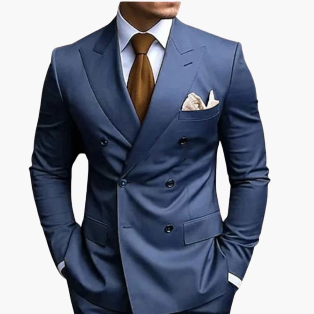 Men's navy double-breasted slim fit suit, peak lapel, six-button front, structured formal silhouette