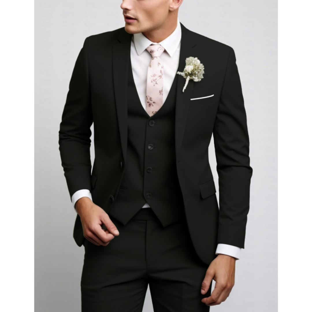 Men's slim fit three-piece suit jacket vest trousers elegant formal wedding guest eventwear