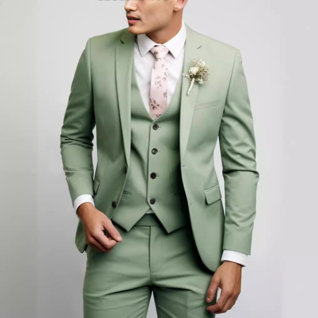 Men's slim fit three-piece wedding suit in elegant formal style with matching vest and trousers