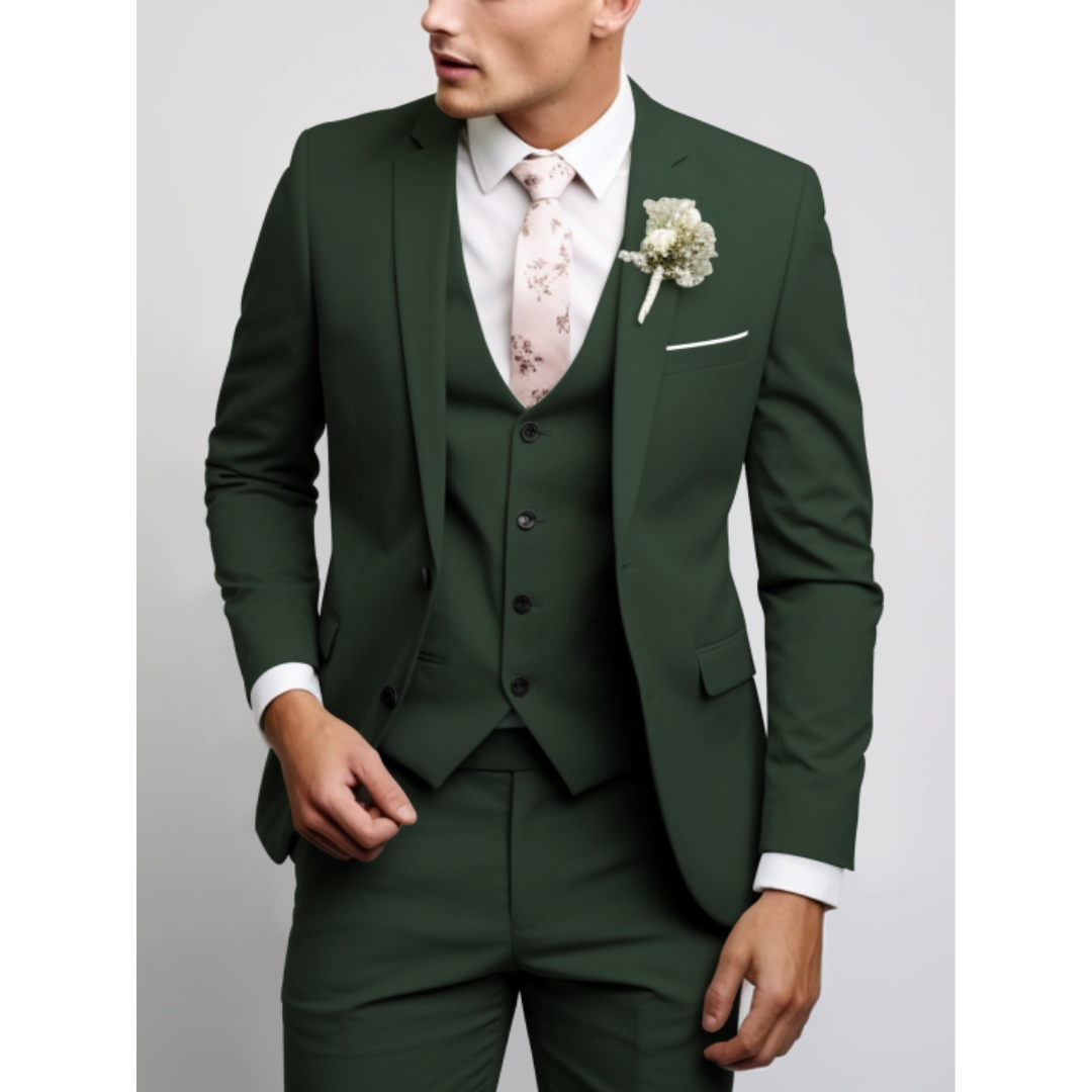 Men's slim fit three-piece wedding suit in classic formal style with matching vest and trousers