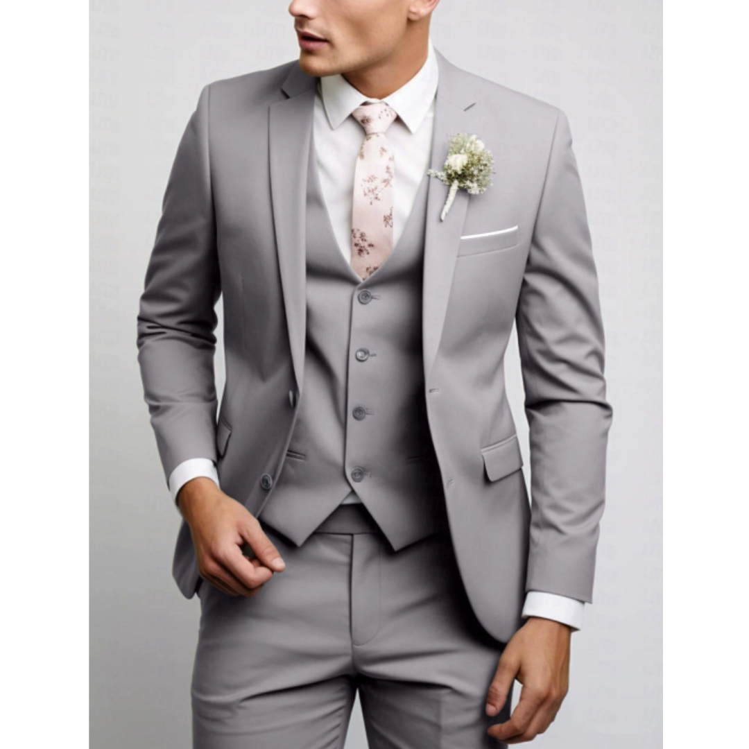 Men's slim fit three-piece wedding suit in elegant formal style with matching vest and trousers
