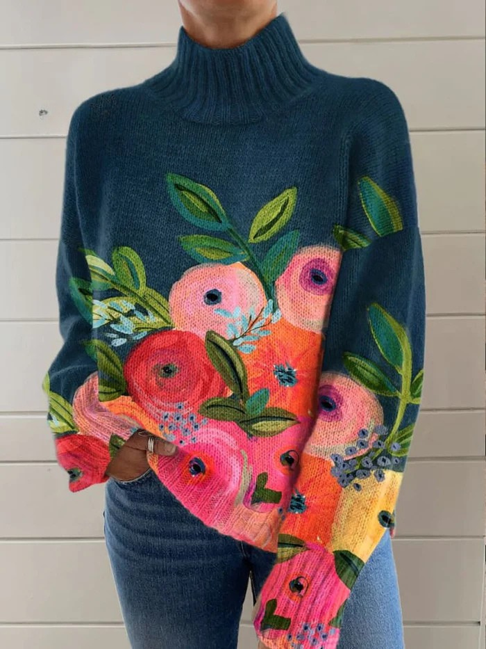 Cozy floral knit turtleneck sweater with bold painterly Christmas pattern for festive holiday style