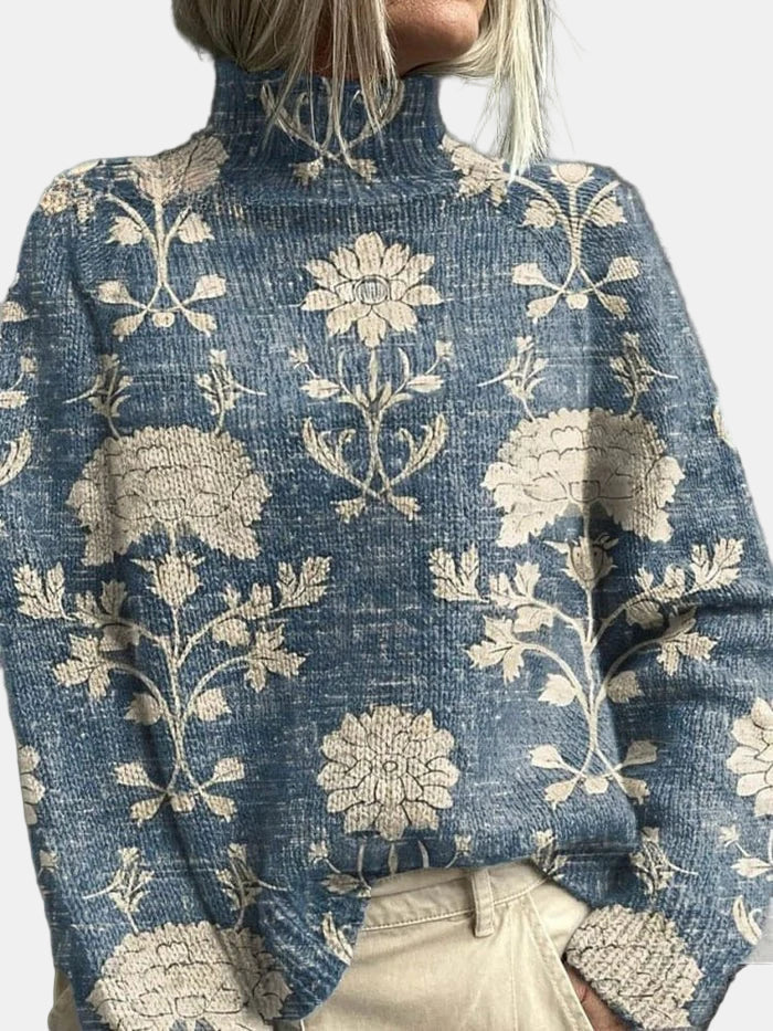 Women's woodland print high neck sweater relaxed fit with whimsical forest illustrations