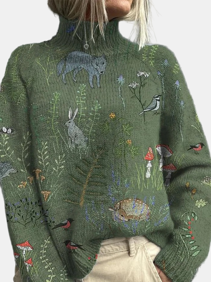Women's relaxed fit high neck sweater with whimsical woodland forest print pattern in multicolor