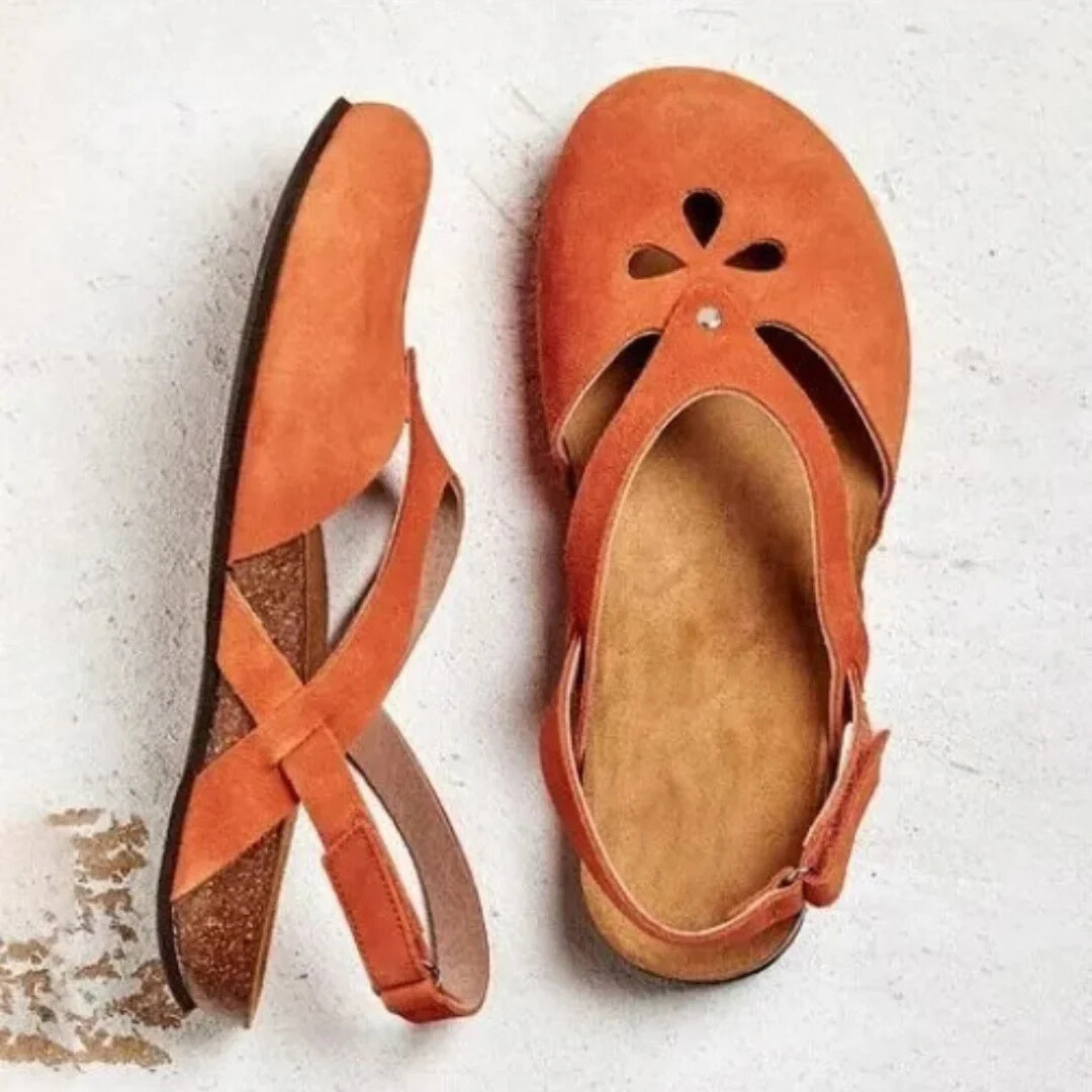 Women's closed toe slingback sandals with cross-strap detail in neutral tone, spring summer casual elegance