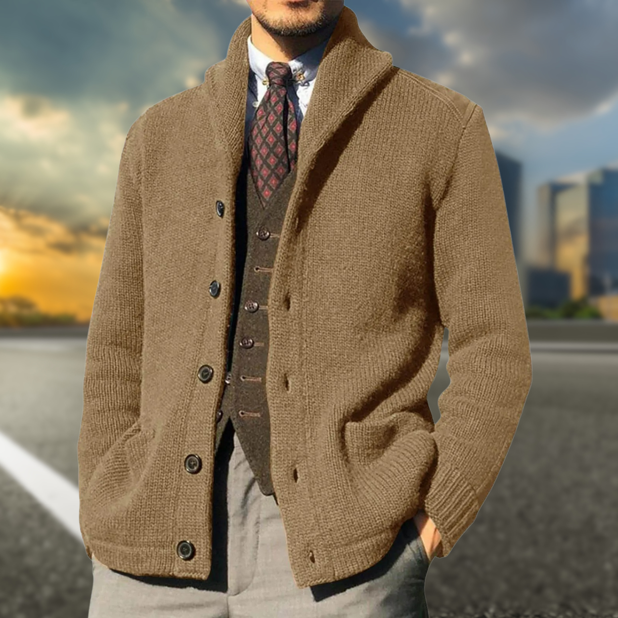 Men's shawl collar cardigan lightweight acrylic wool blend knit versatile casual semi-formal style