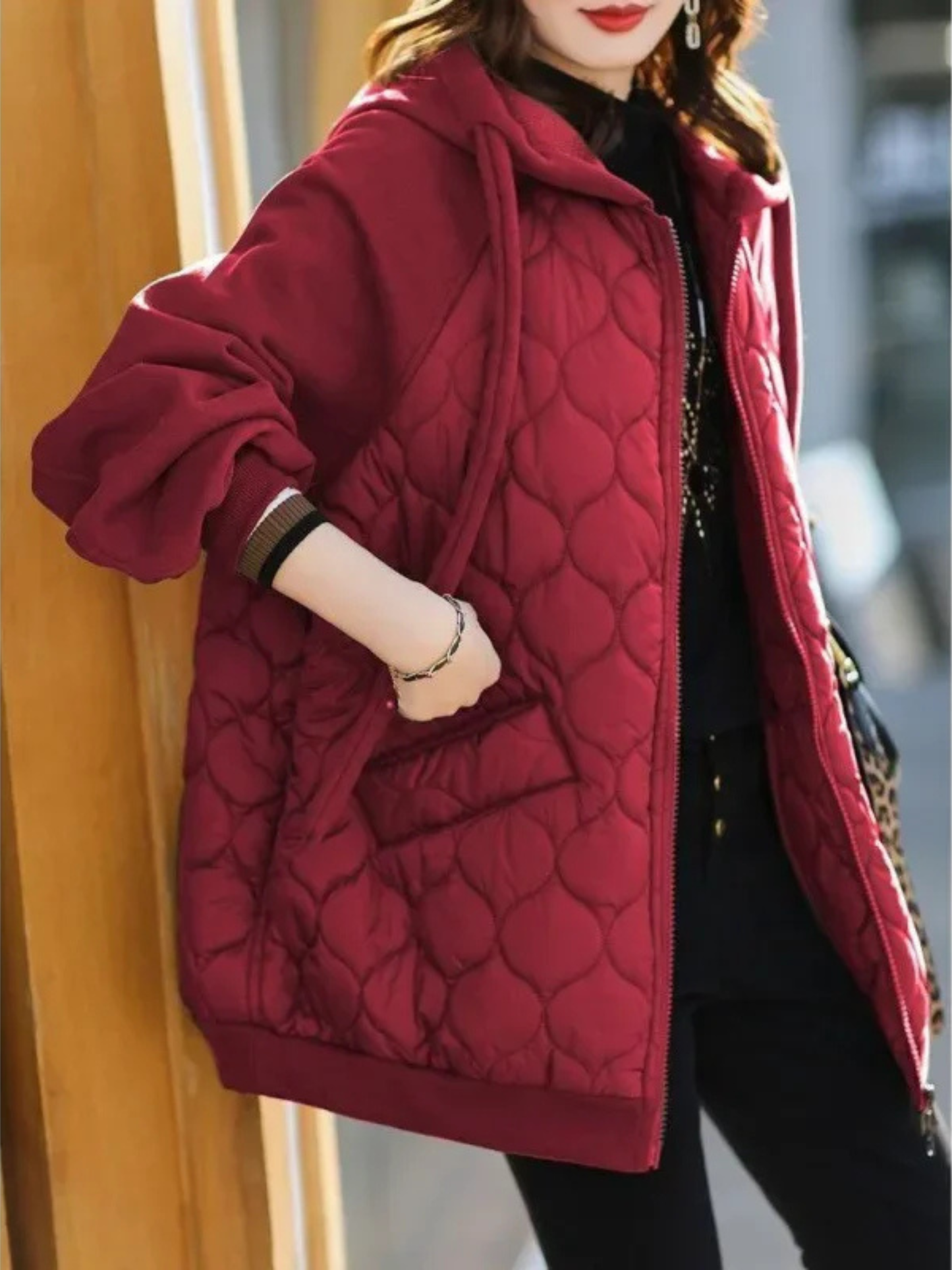 Women's quilted hoodie jacket diamond-stitched shell fleece-lined hood lightweight relaxed fit
