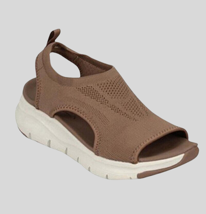 Women's beige knit slip-on sport sandals with open toe design and orthopedic supportive platform sole