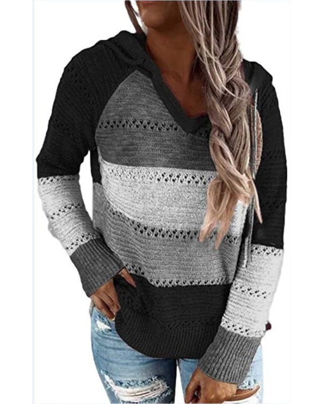 Women's lightweight striped hooded knit sweater in bold horizontal pattern, relaxed V-neck easy layering