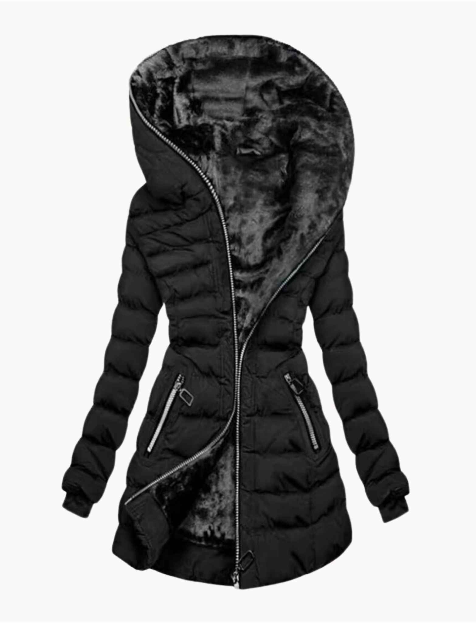 Black insulated puffer jacket waterproof quilted shell angled full-zip for cold wet weather