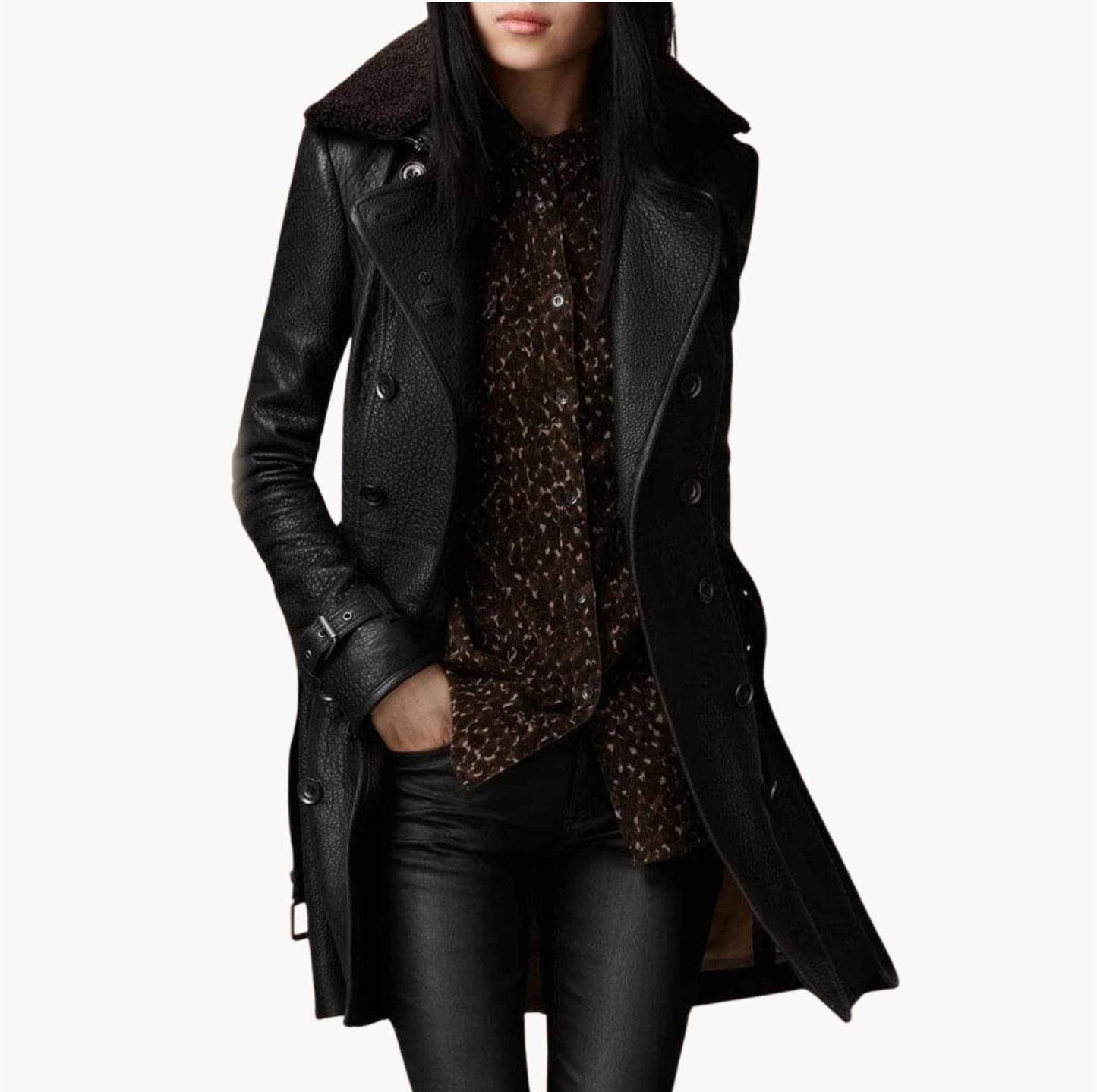 Black longline double-breasted textured leather-look jacket structured silhouette modern professional style