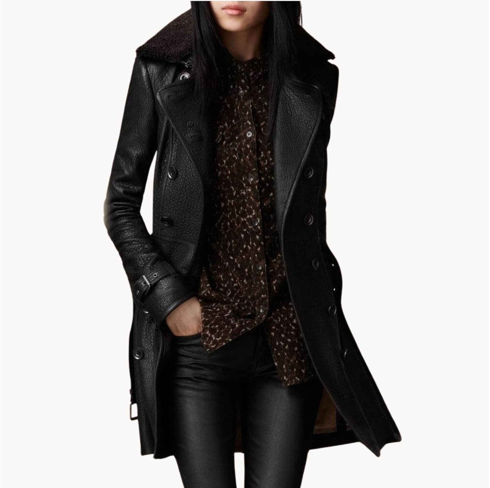 Black longline double-breasted textured leather-look jacket structured silhouette modern professional style