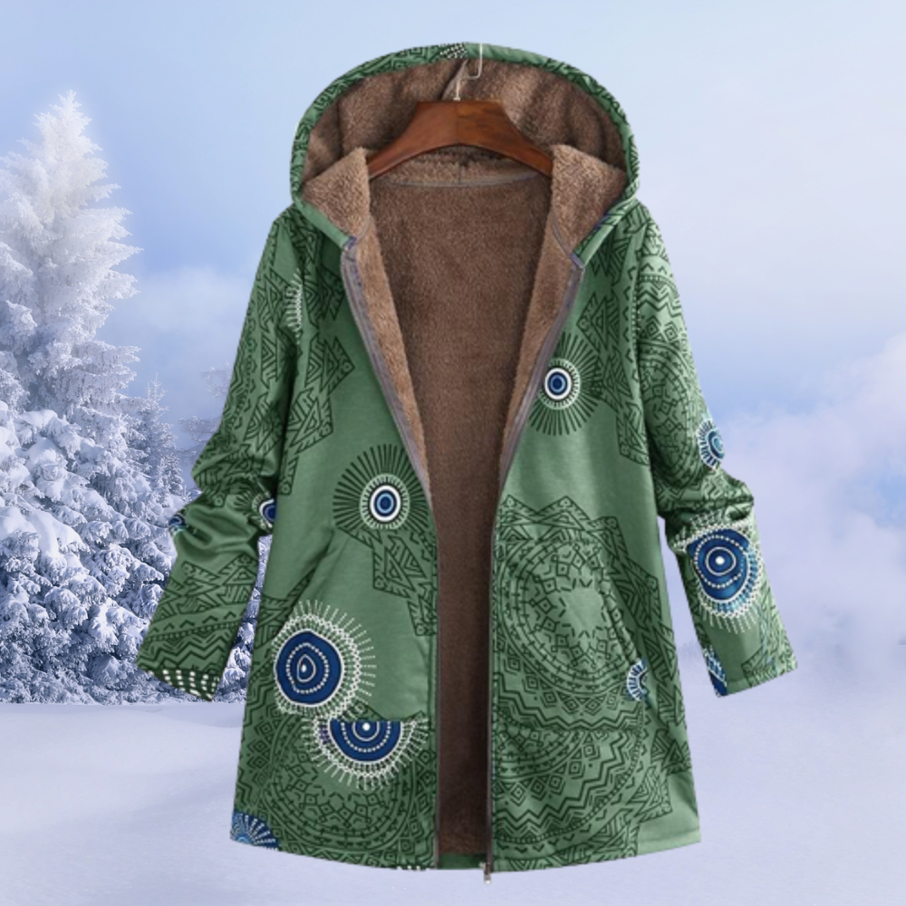 Women's floral-print hooded winter coat with lined interior for warm layering comfort