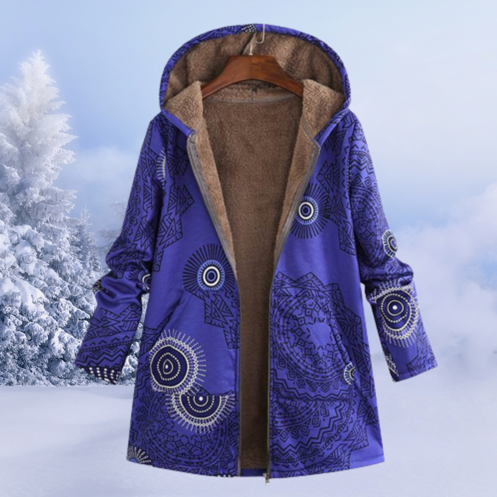 Women's floral print hooded winter coat with lined interior for warm layering comfort