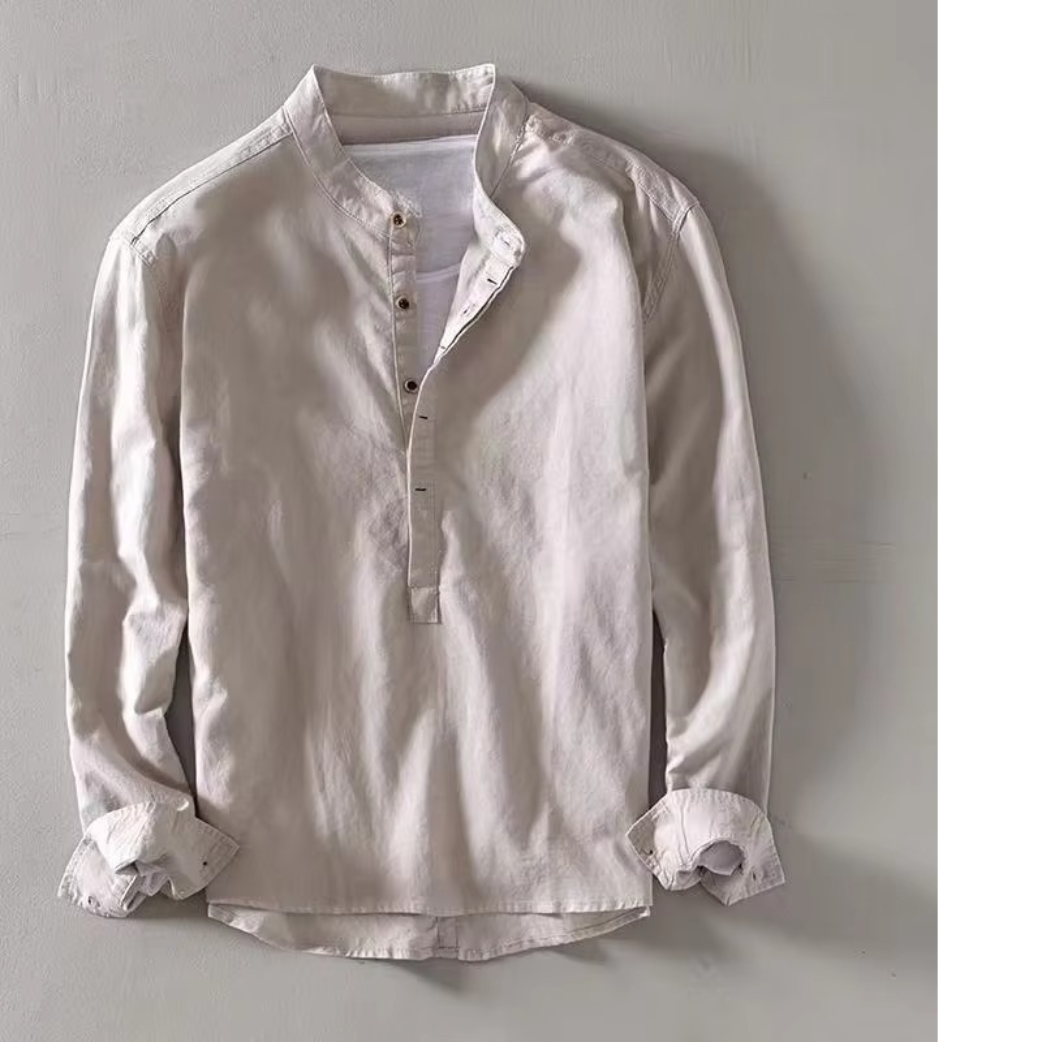 Men's linen blend stand collar long sleeve shirt, lightweight breathable summer style in neutral tone