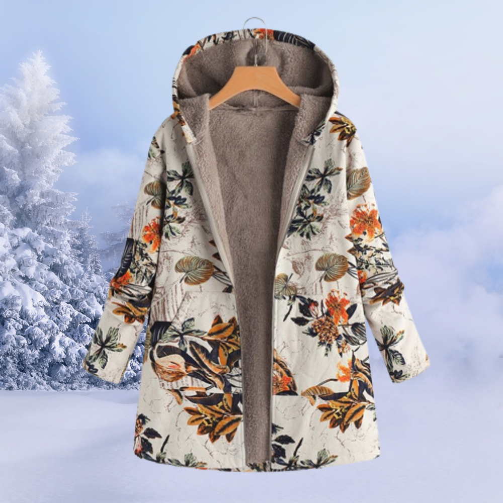 Women's floral winter hooded coat with lined interior, generous cut for warm layered comfort