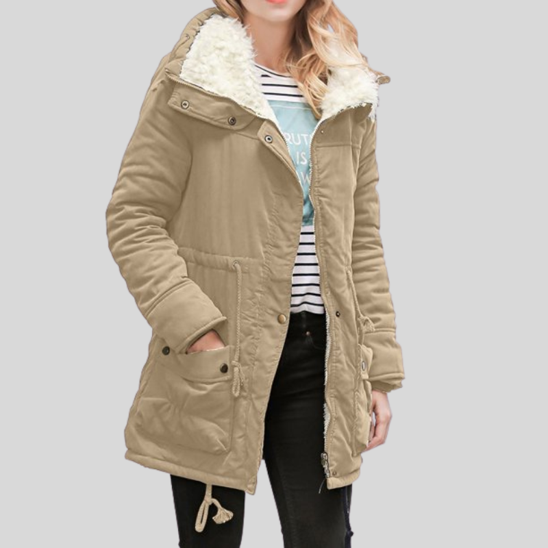 Women's dark olive fleece parka jacket hooded thigh-length relaxed fit with soft fleece lining