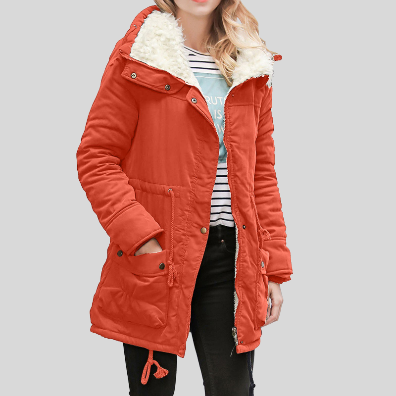 Women's black fleece parka jacket hooded thigh-length relaxed fit with soft fleece lining