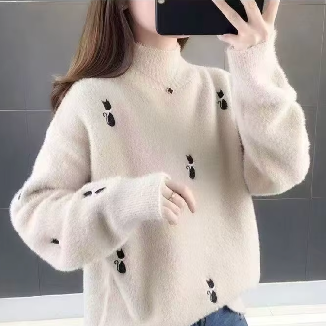 Women's camel cashmere knit sweater relaxed fit with half-high collar ultra-soft cozy layer
