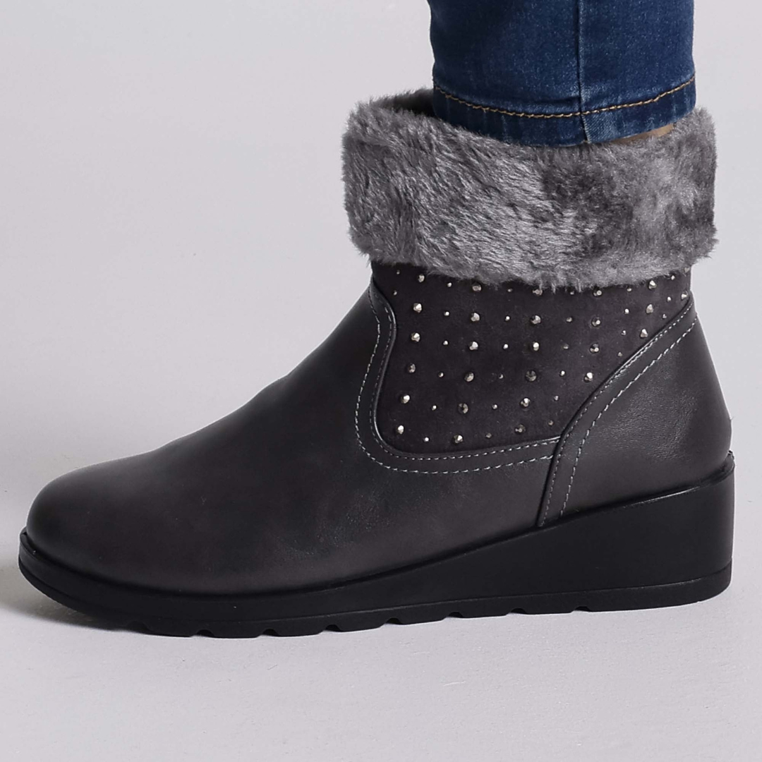 Amethyst ankle boots cozy faux fur lining stud details side zip women winter fashion