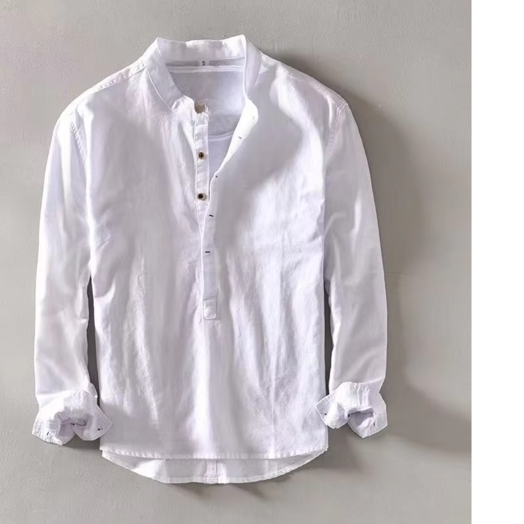 Men's linen blend stand collar long sleeve shirt, lightweight breathable summer casual style