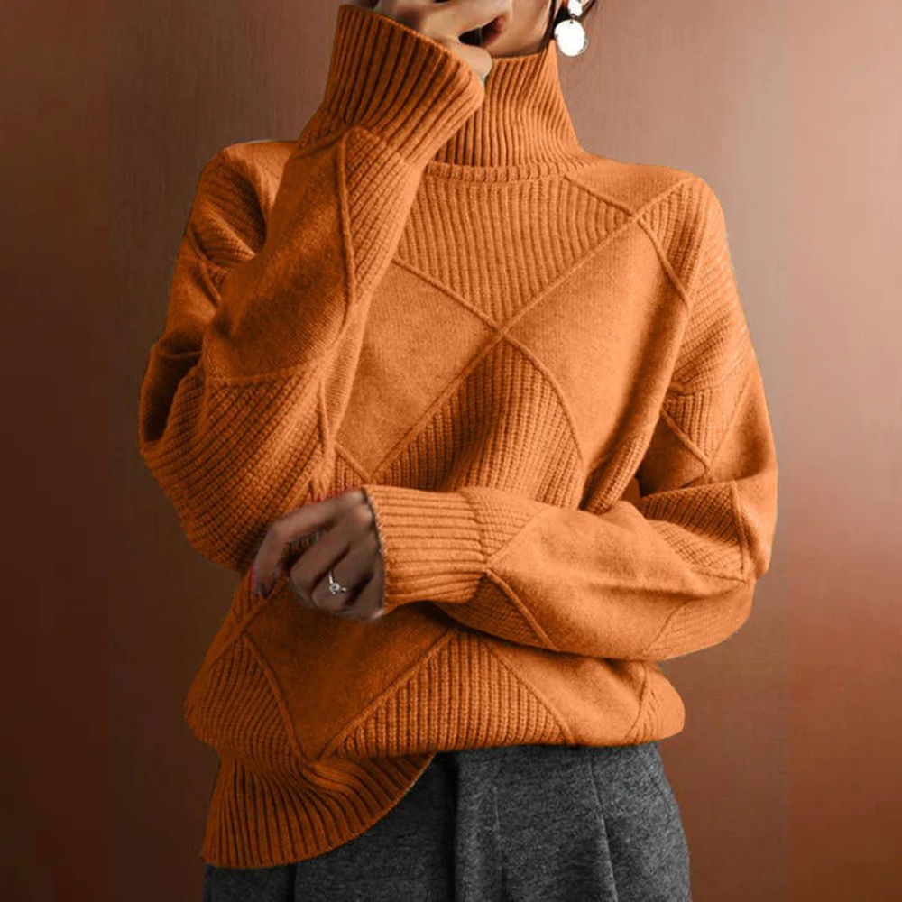 Women's ivory textured knit turtleneck sweater, relaxed fit with raised geometric pattern