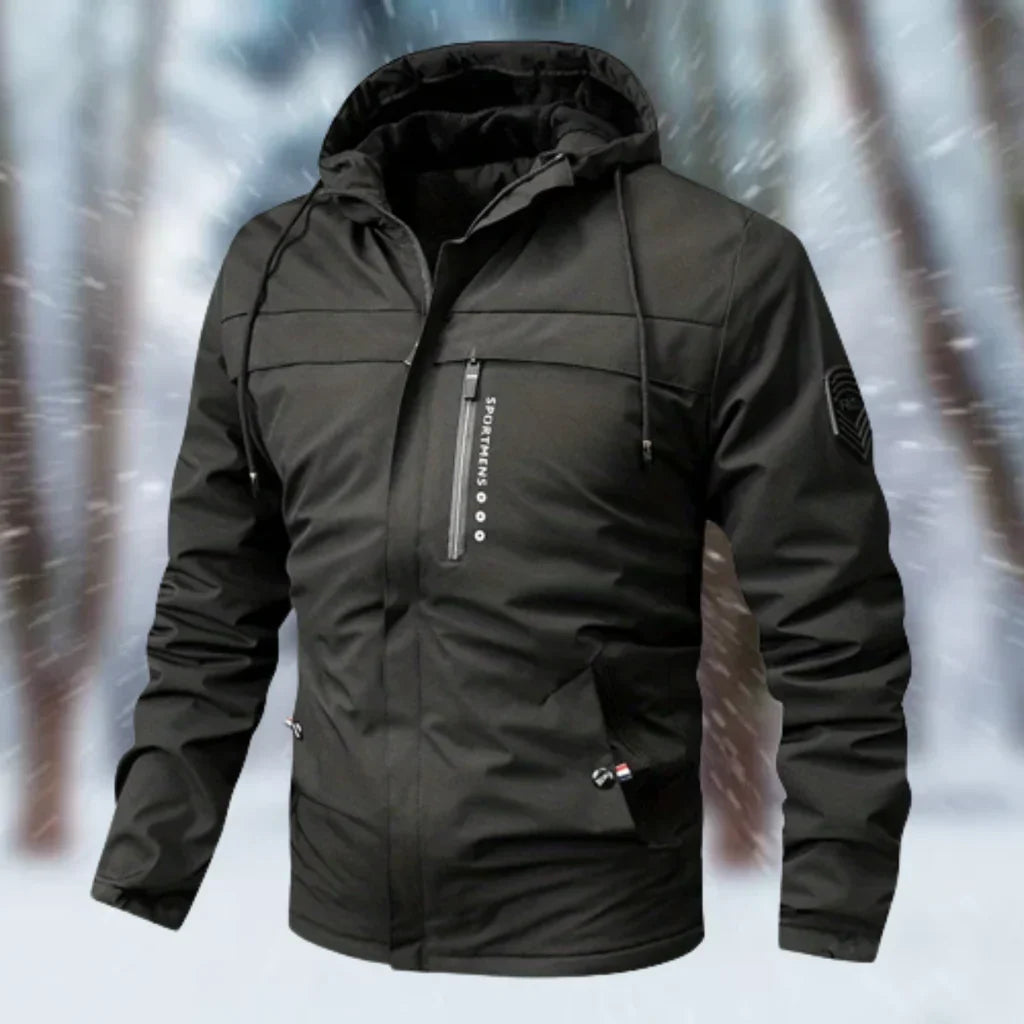 Men's waterproof slim-fit hooded jacket in urban style with zipper closure and multiple pockets