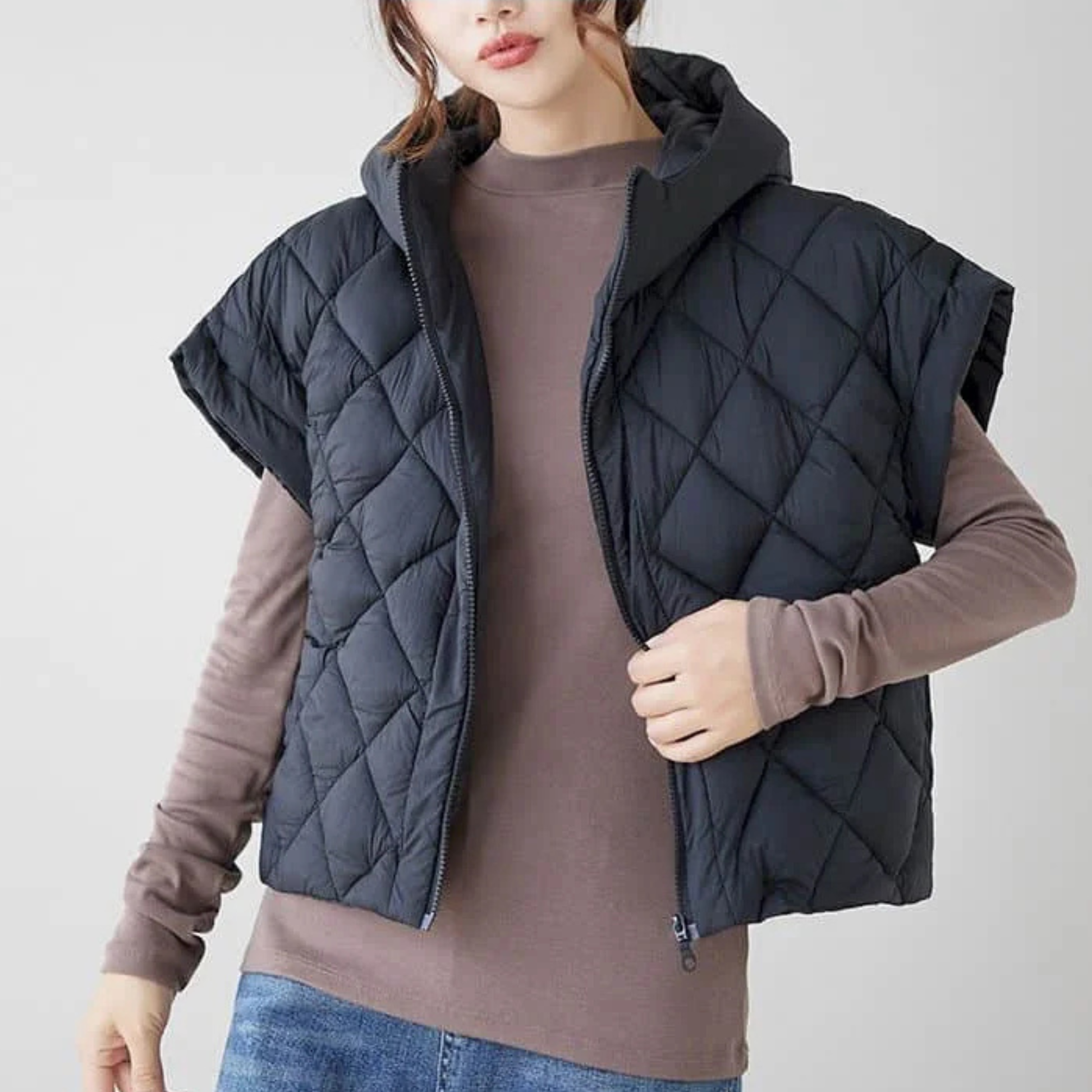Women's quilted cap sleeve vest with hood, diamond quilt exterior, cropped fit, soft-touch lining