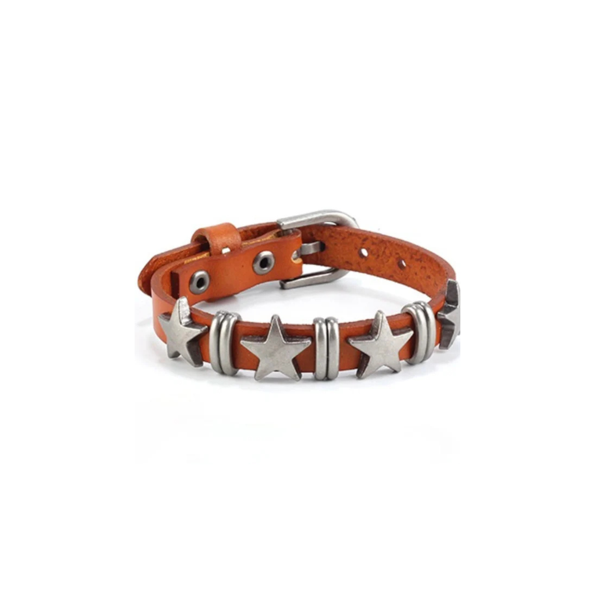 Adjustable vintage leather bracelet with alloy star studs and full-grain strap for bold everyday style