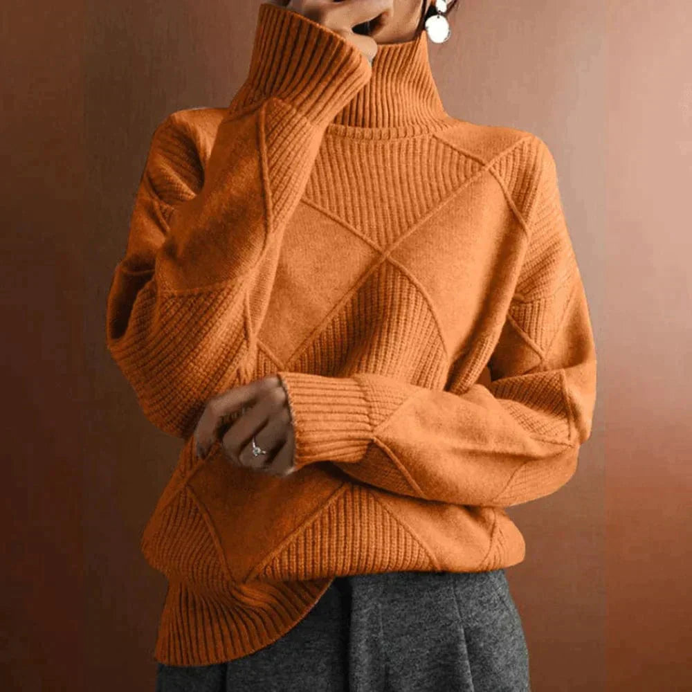 Women's ivory cashmere turtleneck sweater with checkered collar detail, luxurious soft finish