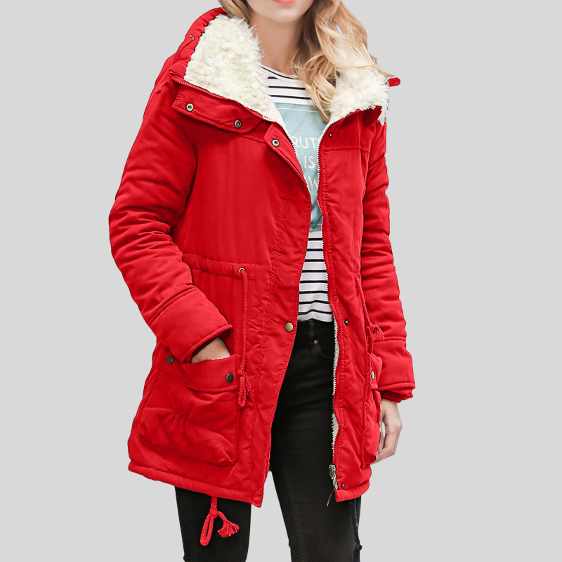 Women's fleece parka jacket hooded thigh-length relaxed fit soft cozy winter coat