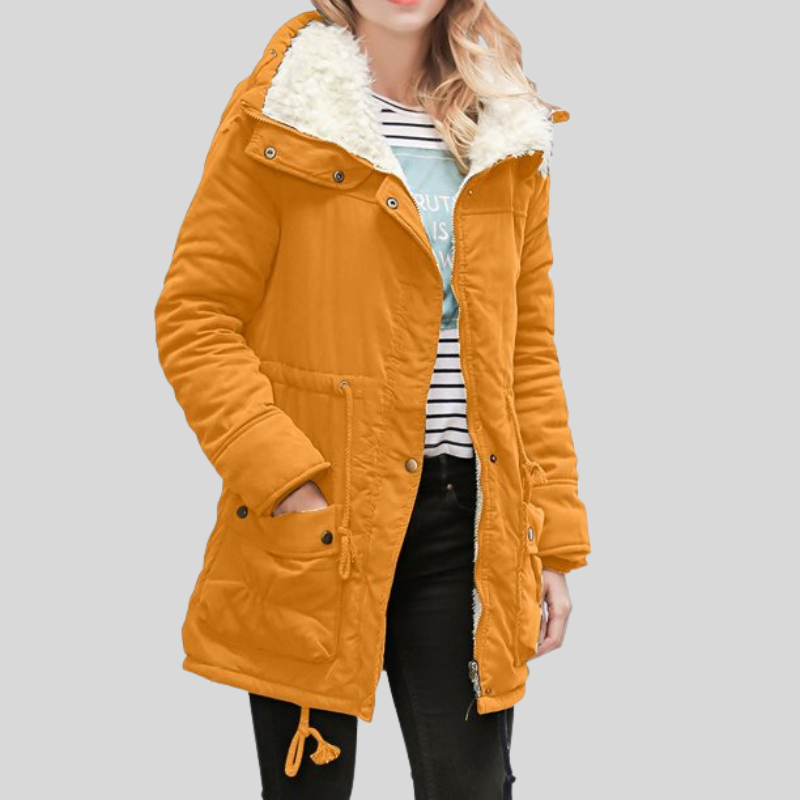 Women's gray fleece parka jacket hooded thigh-length relaxed fit with soft fleece lining